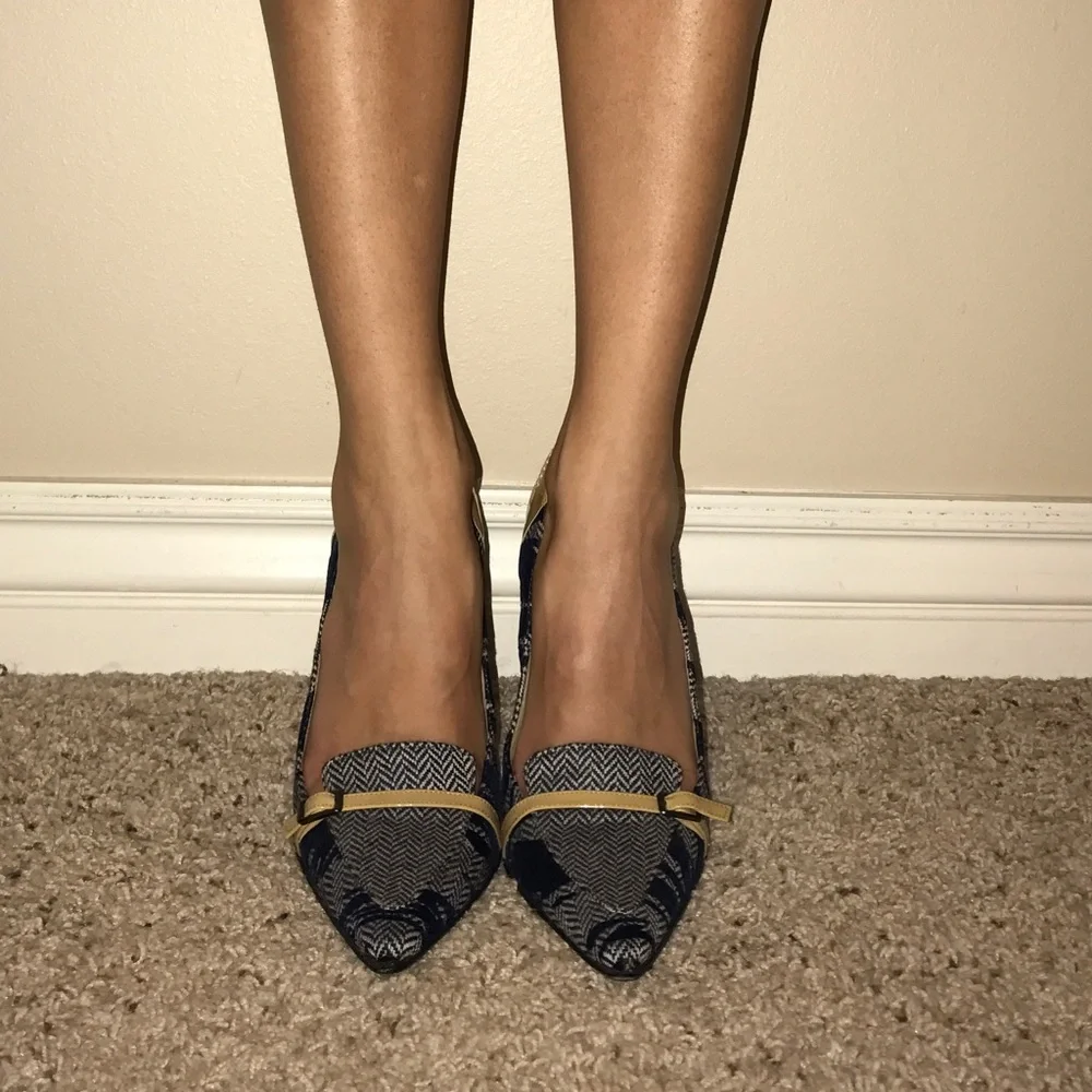 Versus By Versace Navy Chevron Pointed-Toe Heels with Cream Trim